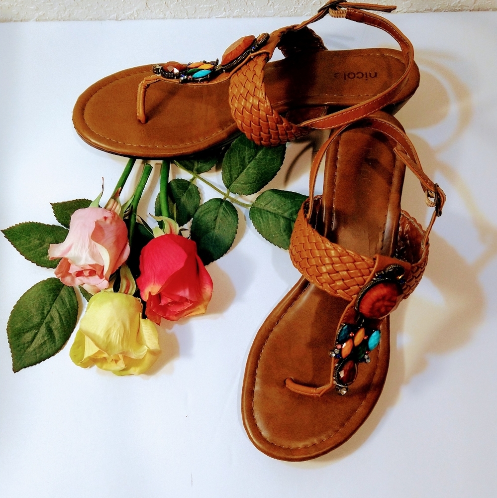 Bejeweled Brown Braided Leather Sandals (Nicole)